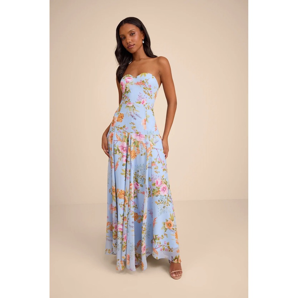 Lulus Alandria Light Blue Floral Drop Waist Maxi Dress Size Medium